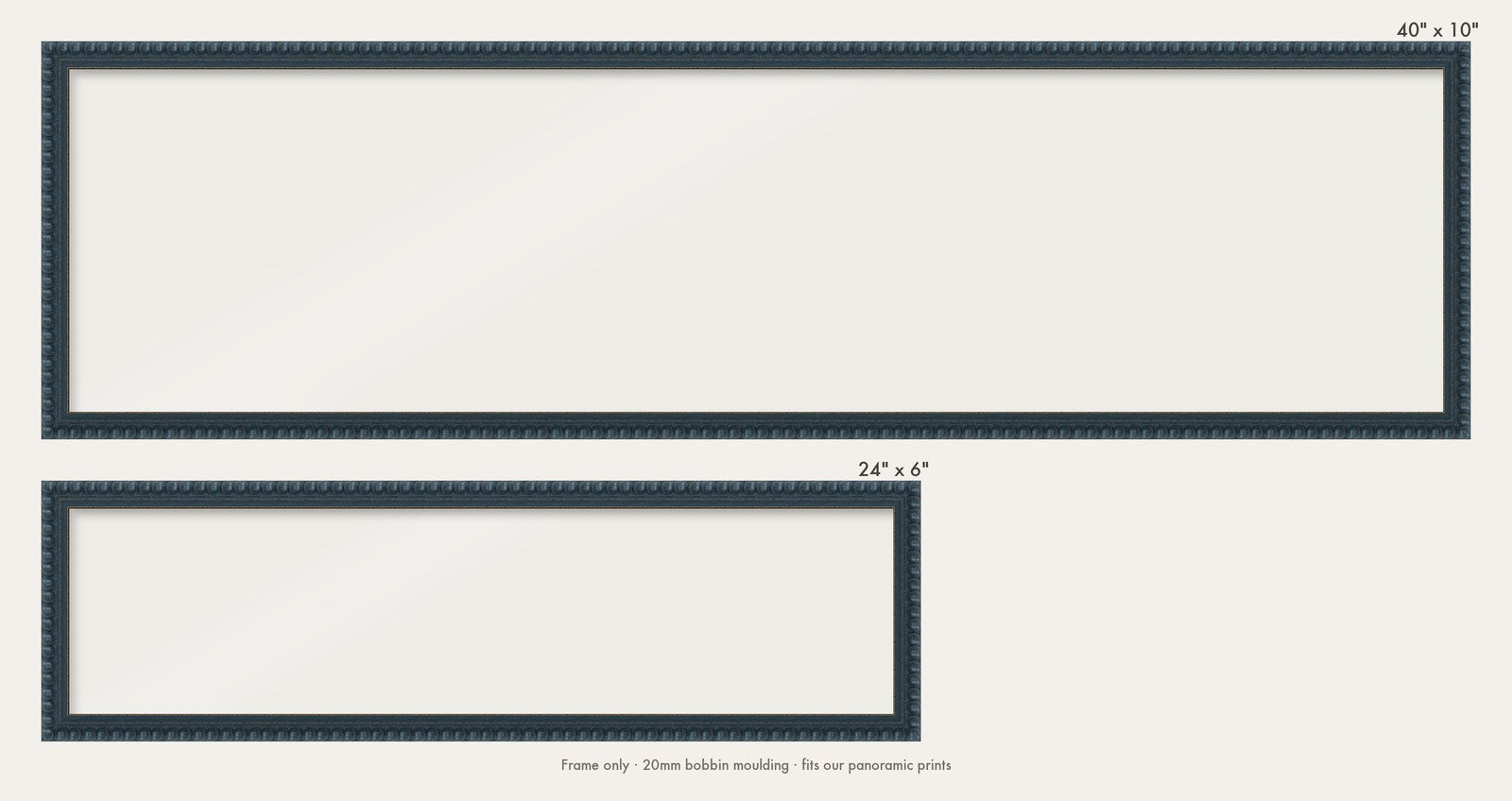 Midnight Blue bobbin panoramic frame shown in both sizes, 24" x 6" and 40" x 10"