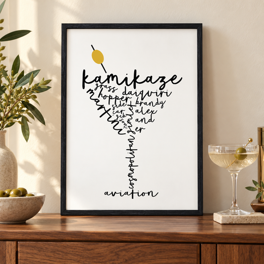 Cocktail Print — close lifestyle view, black oak frame