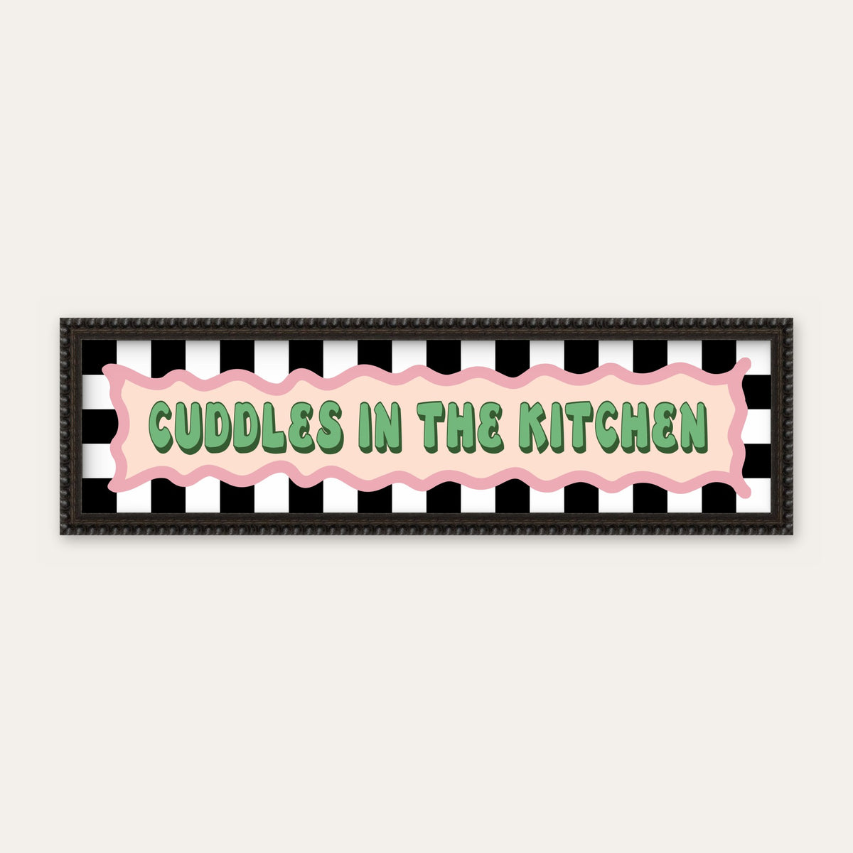 Cuddles In The Kitchen panoramic print in a black bobbin frame