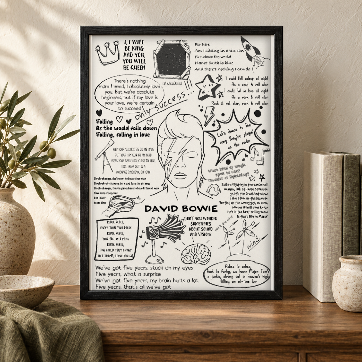 David Bowie Song Lyric Album Print — close lifestyle view, black oak frame