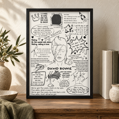 David Bowie Song Lyric Album Print — close lifestyle view, black oak frame