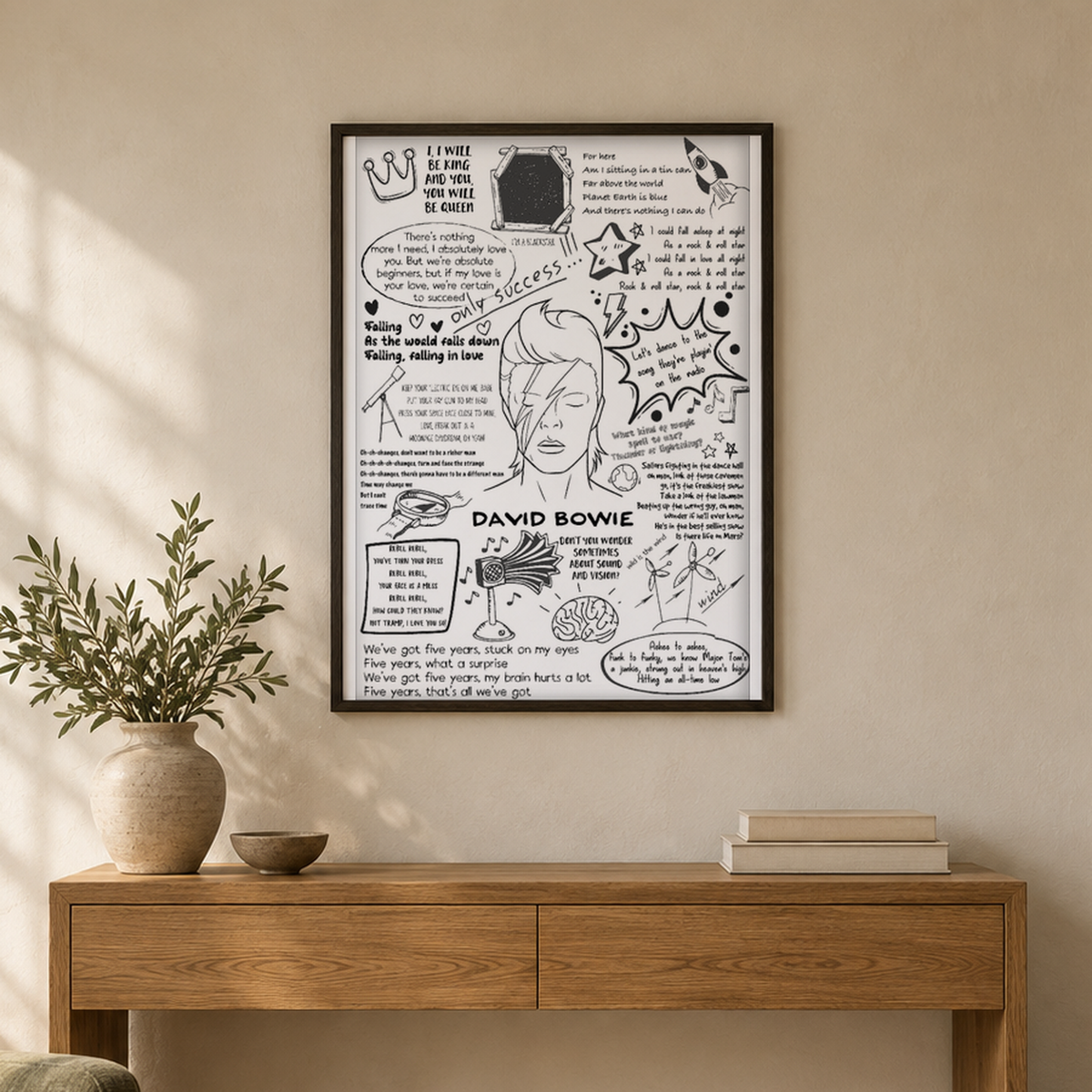 David Bowie Song Lyric Album Print — wider room setting, black oak frame
