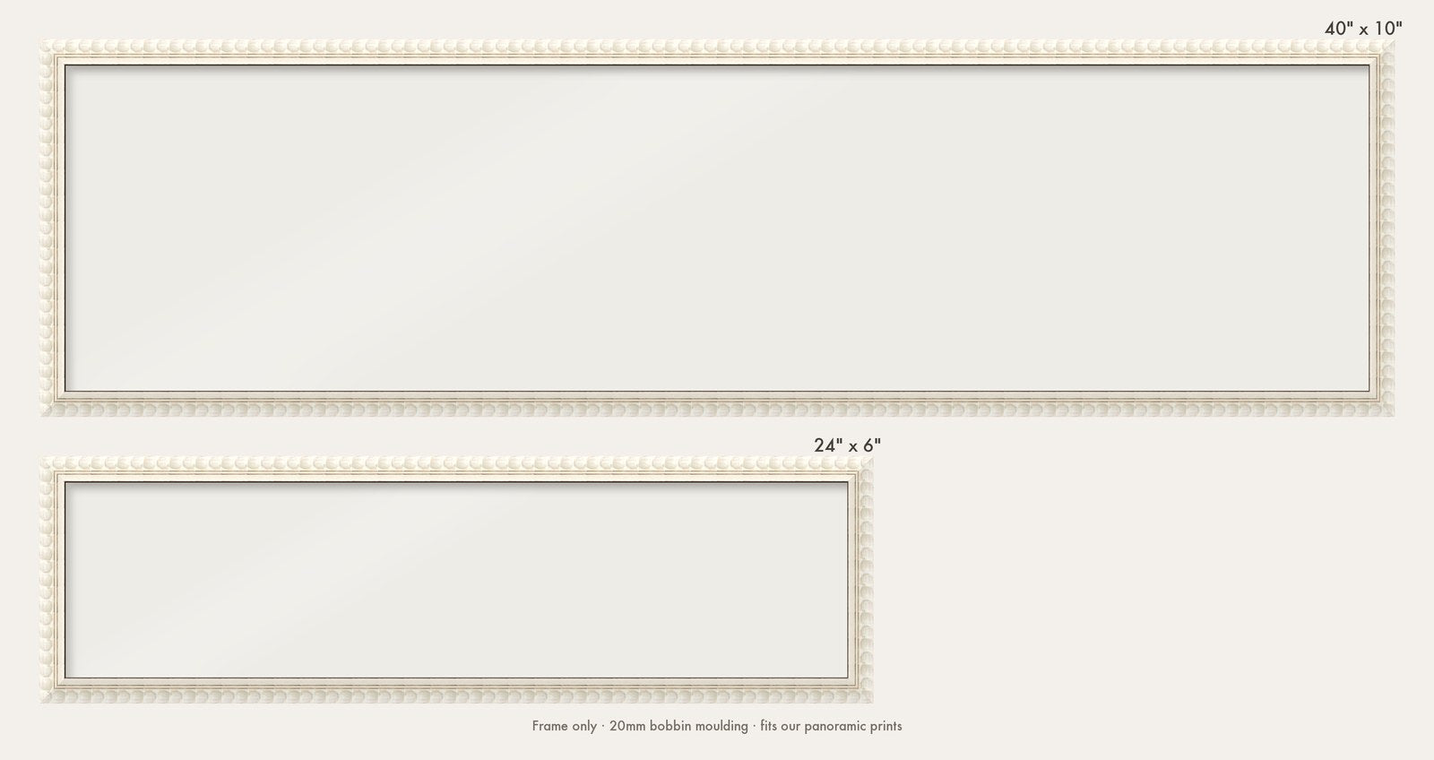 White bobbin panoramic frame shown in both sizes, 24" x 6" and 40" x 10"