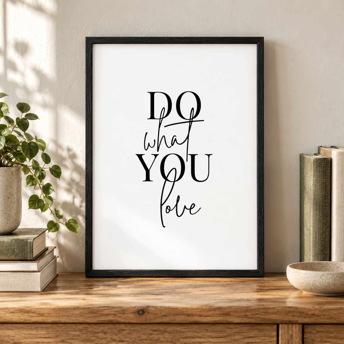 Do What You Love Print — close lifestyle view, black oak frame