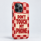 Don’t Touch My Phone Original Slim Case, matte, angled view on iPhone 15 Pro. Digital product preview.