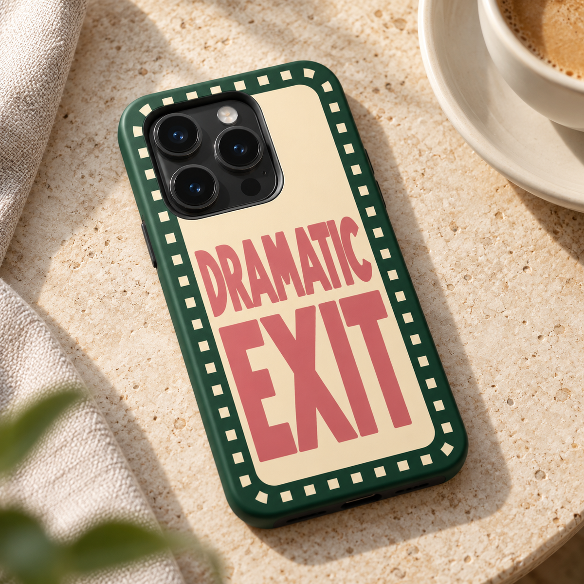 Dramatic Exit Original Protective Case, matte, on iPhone 15 Pro in an illustrative lifestyle setting.