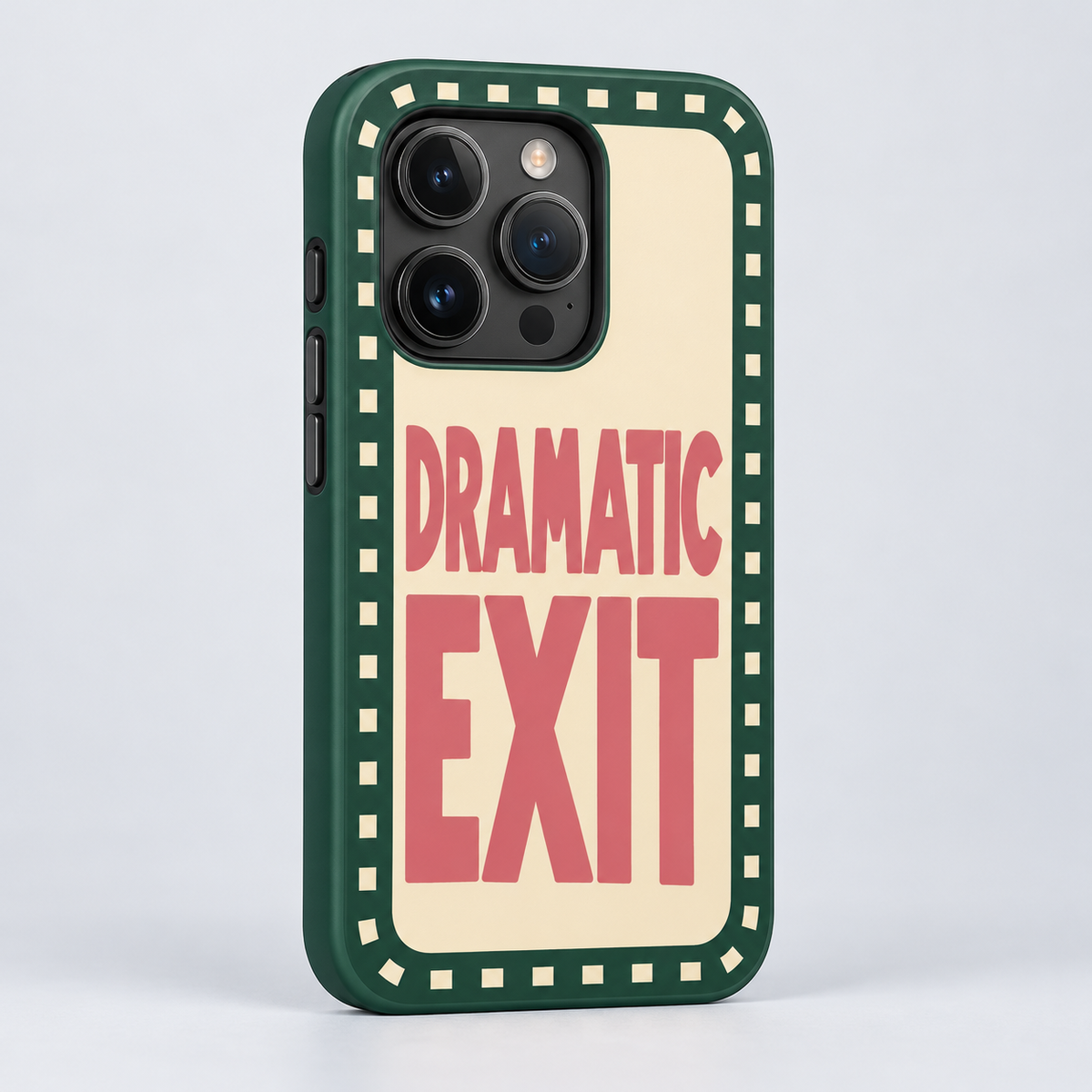 Dramatic Exit Original Protective Case, matte, on iPhone 15 Pro. Digital product preview.