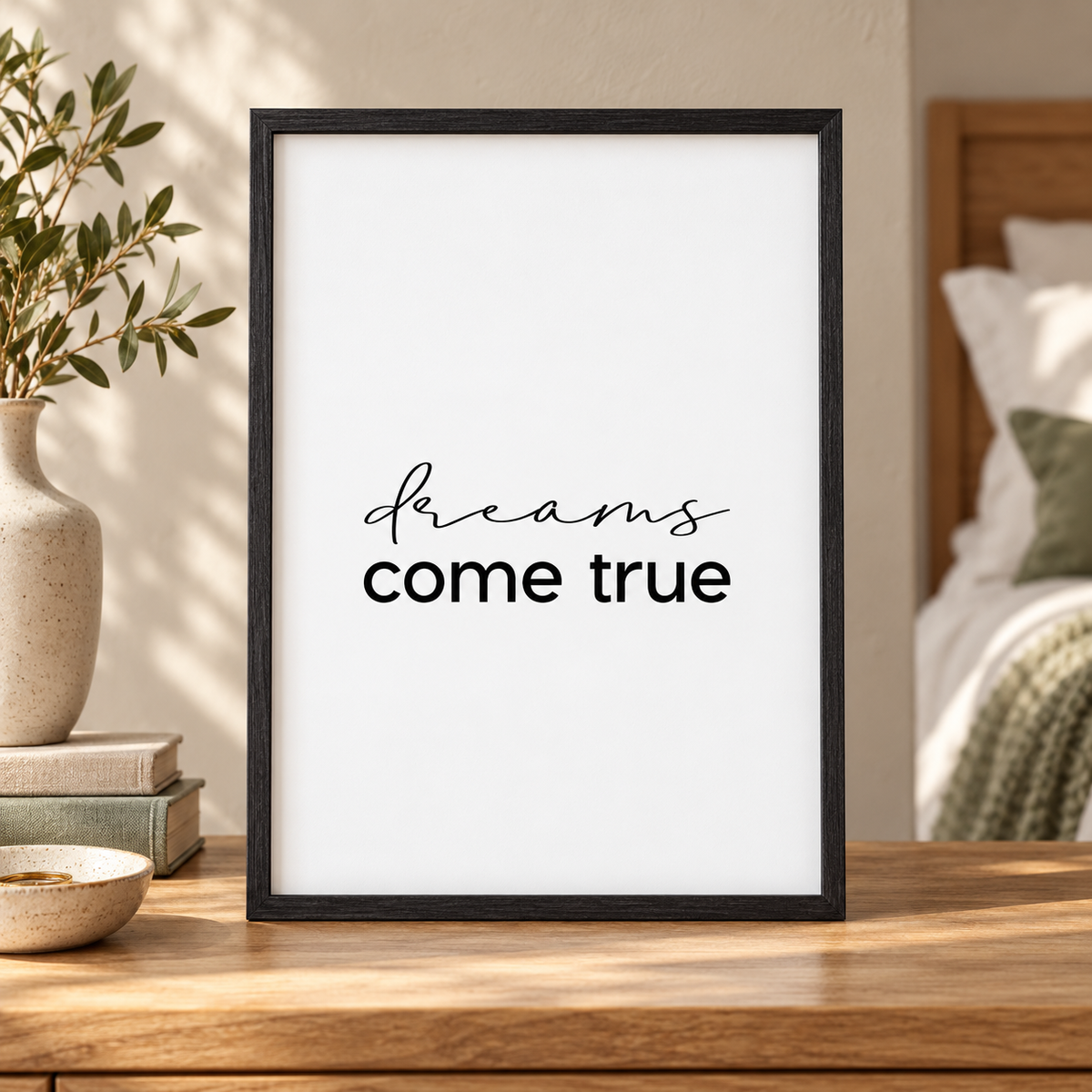 Dreams Come True Print — close lifestyle view, black oak frame