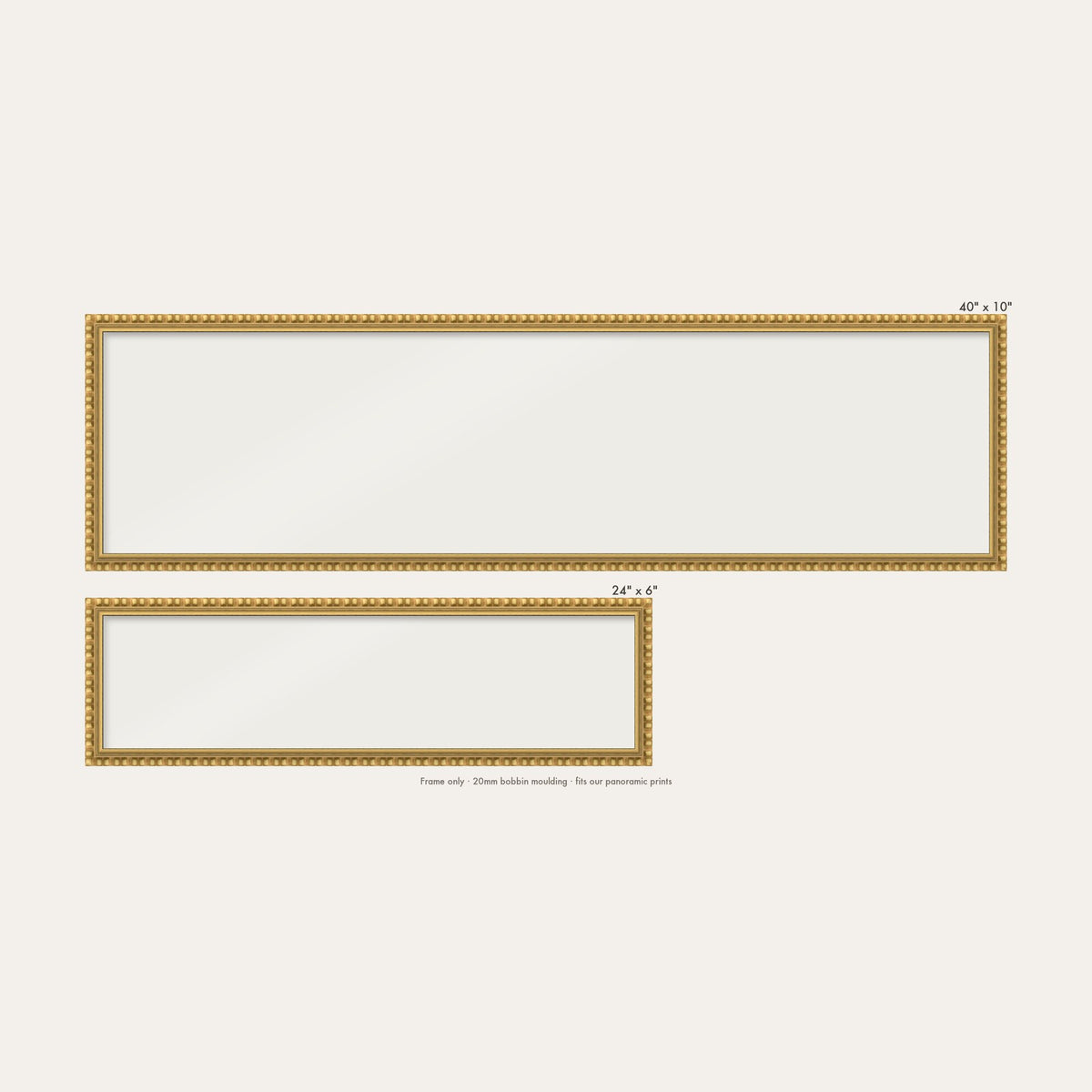Gold bobbin panoramic frame shown in both sizes, 24" x 6" and 40" x 10"