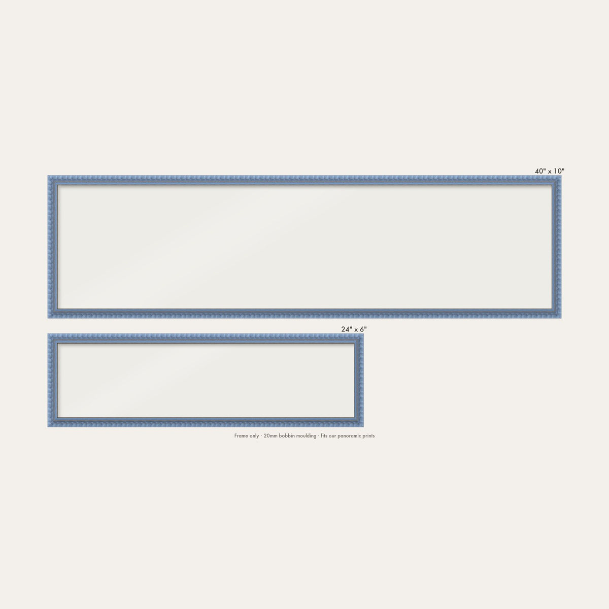 Sky Blue bobbin panoramic frame shown in both sizes, 24" x 6" and 40" x 10"