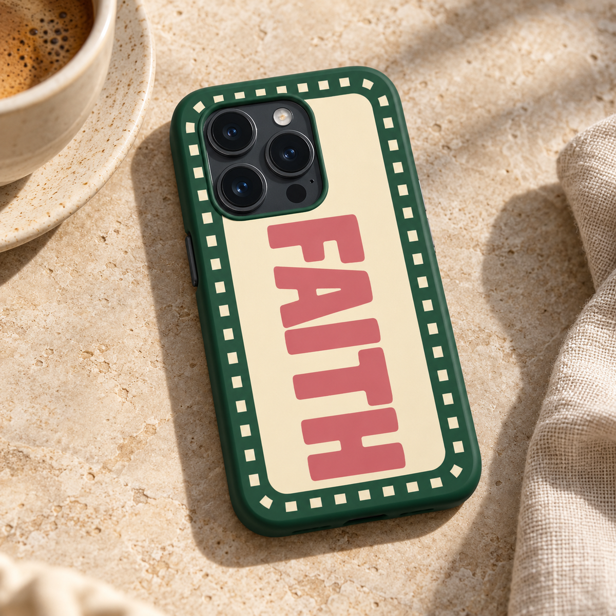 Faith Original Protective Case, matte, on iPhone 15 Pro in an illustrative lifestyle setting.