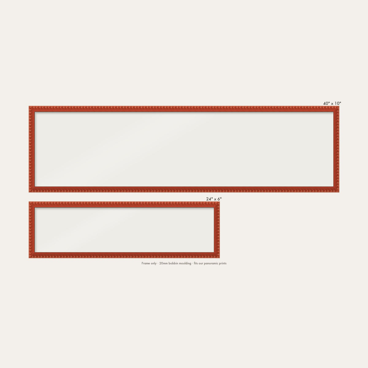 Red bobbin panoramic frame shown in both sizes, 24" x 6" and 40" x 10"