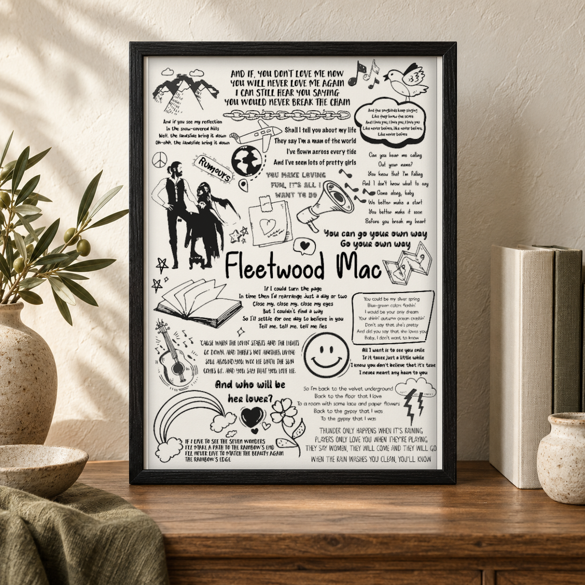 Fleetwood Mac Song Lyric Album Print — close lifestyle view, black oak frame