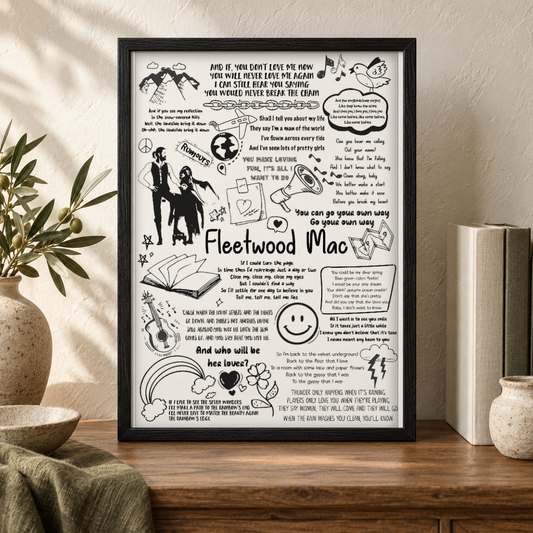 Fleetwood Mac Song Lyric Album Print — close lifestyle view, black oak frame
