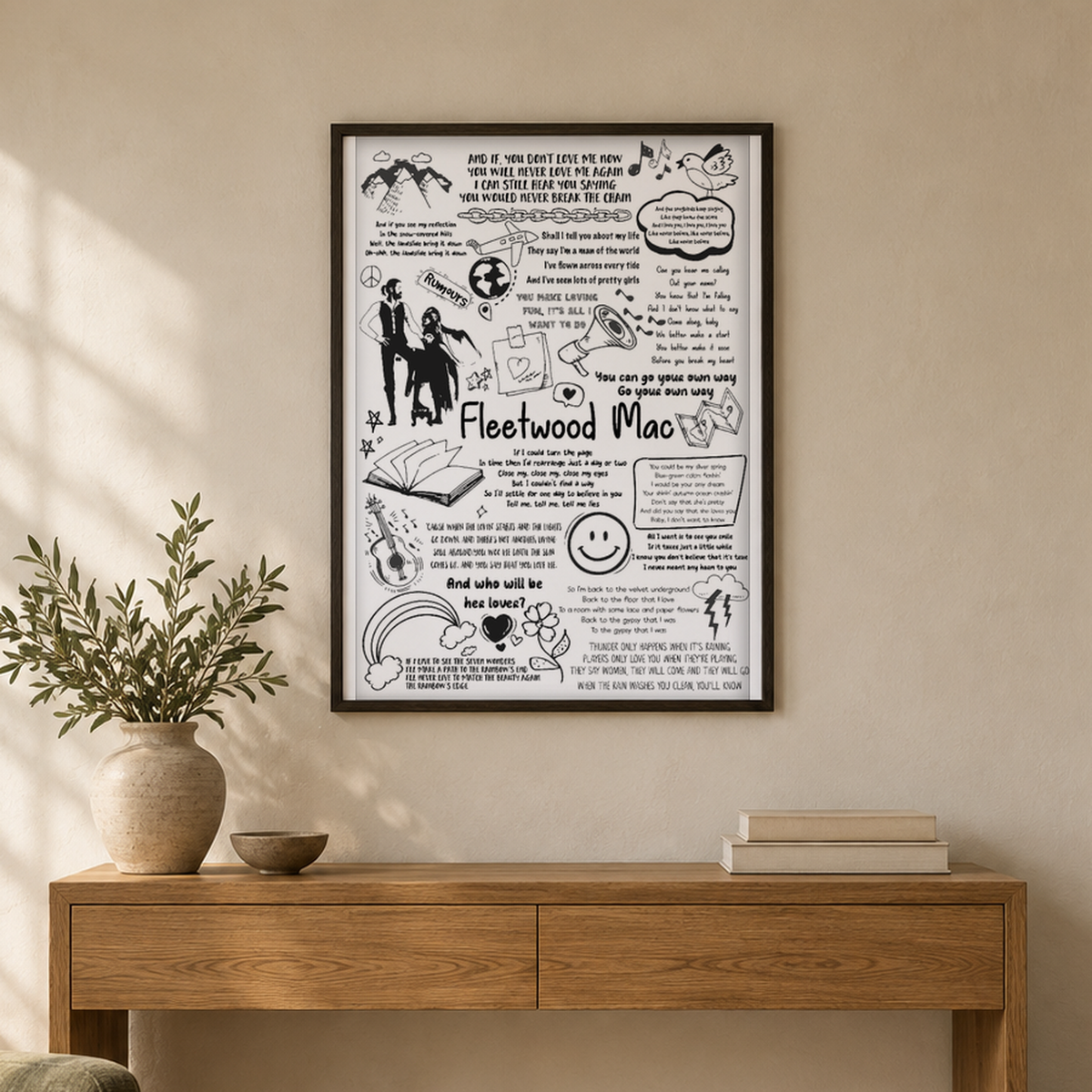 Fleetwood Mac Song Lyric Album Print — wider room setting, black oak frame