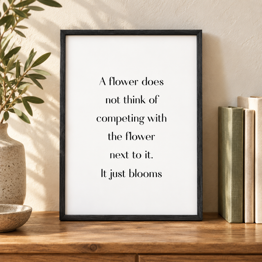 Flower Motivational Print — close lifestyle view, black oak frame