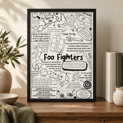 Foo Fighters Song Lyric Album Print — close lifestyle view, black oak frame