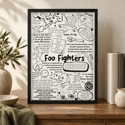 Foo Fighters Song Lyric Album Print — close lifestyle view, black oak frame