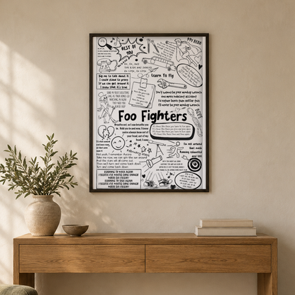 Foo Fighters Song Lyric Album Print — wider room setting, black oak frame