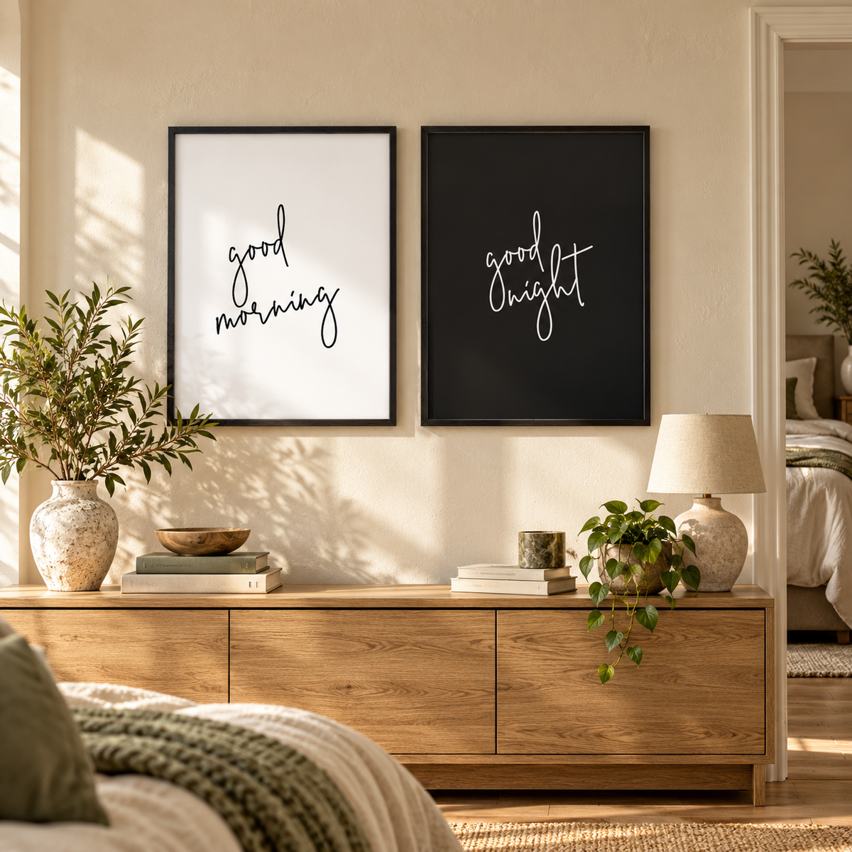 Good Morning Good Night - Set Of 2 Prints — wider room setting, black oak frame