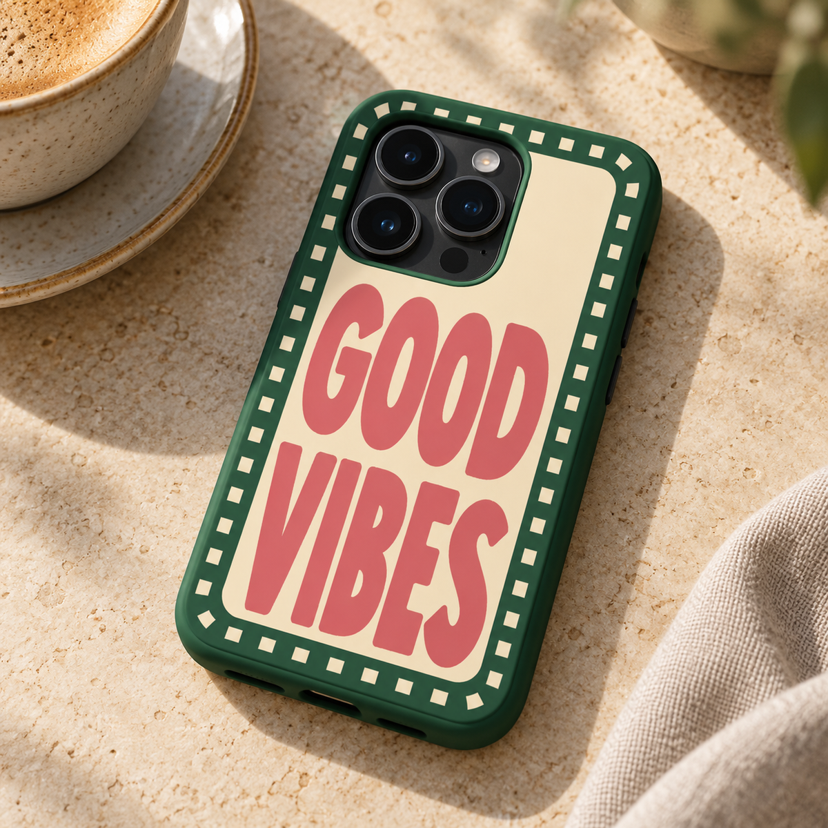 Good Vibes Original Protective Case, matte, on iPhone 15 Pro in an illustrative lifestyle setting.