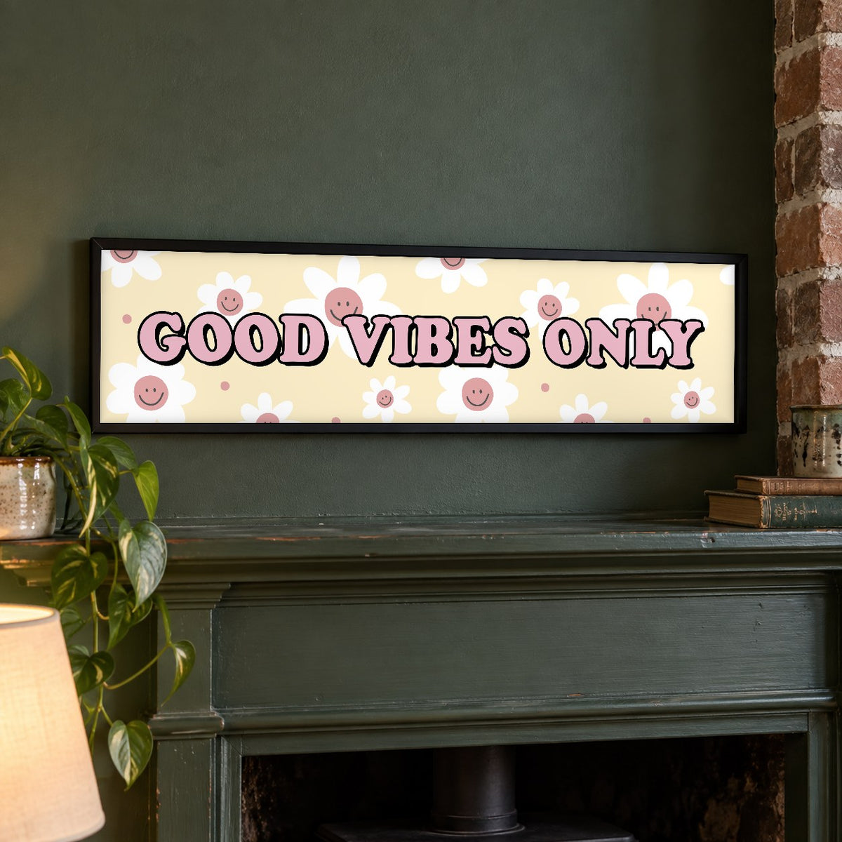 Good Vibes Only panoramic print in a black frame in a room setting