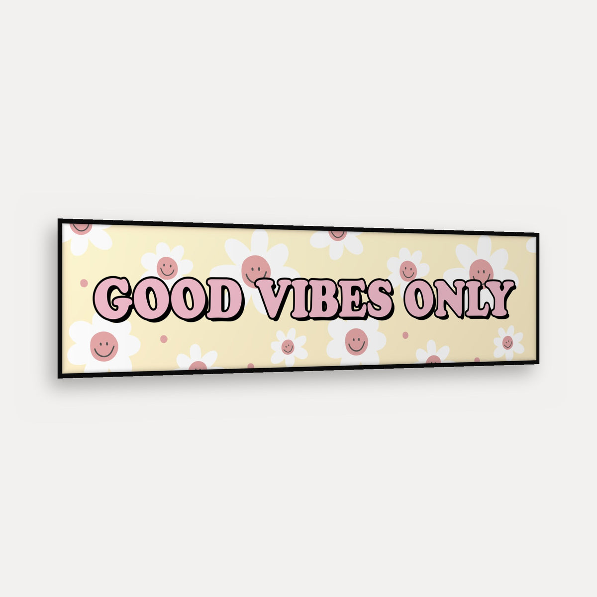 Good Vibes Only panoramic print in a matt black frame, angled view