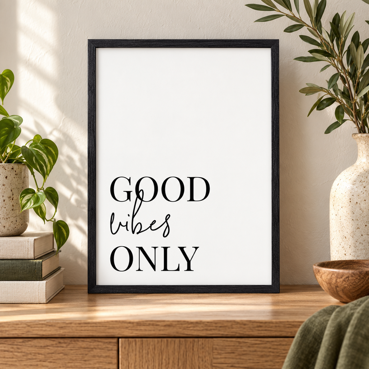 Good Vibes Only Print — close lifestyle view, black oak frame
