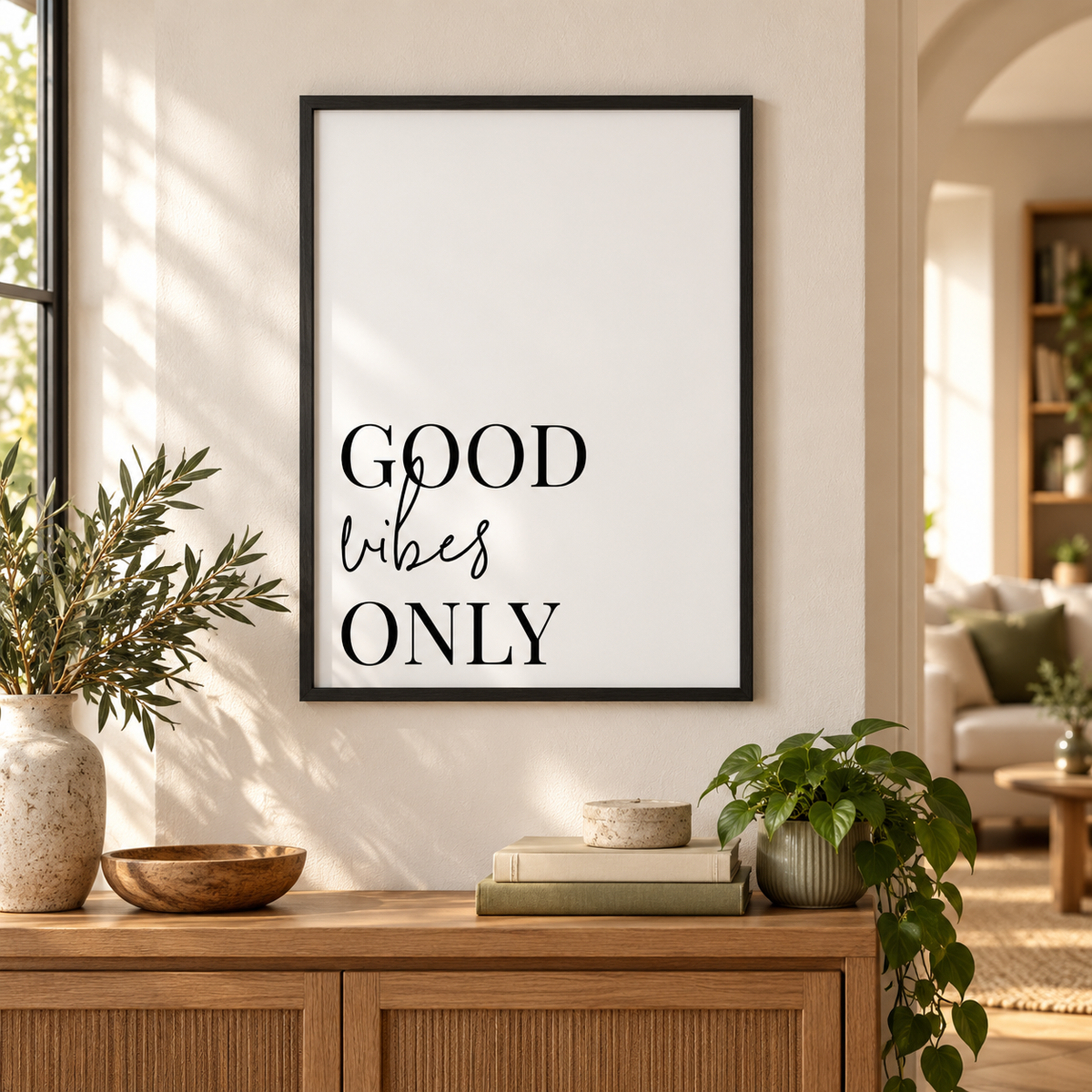 Good Vibes Only Print — wider room setting, black oak frame
