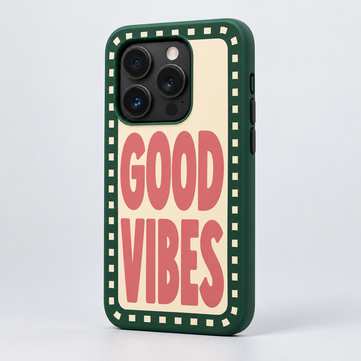 Good Vibes Original Protective Case, matte, on iPhone 15 Pro. Digital product preview.