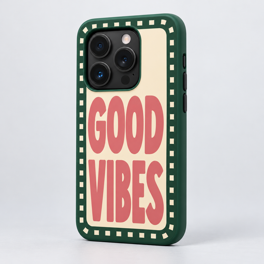 Good Vibes Original Protective Case, matte, on iPhone 15 Pro. Digital product preview.