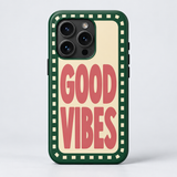 Good Vibes Original Protective Case, matte, rear view on iPhone 15 Pro. Digital product preview.