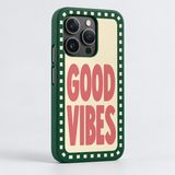 Good Vibes Original Slim Case, matte, angled view on iPhone 15 Pro. Digital product preview.