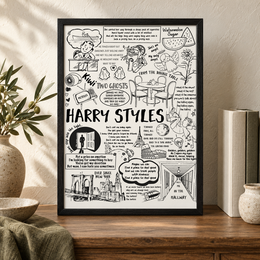 Harry Styles Lyric Album Print — close lifestyle view, black oak frame