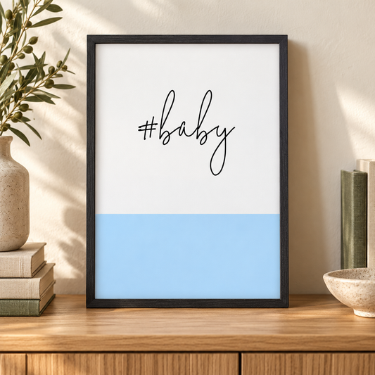 Hashtag Baby Print — close lifestyle view, black oak frame