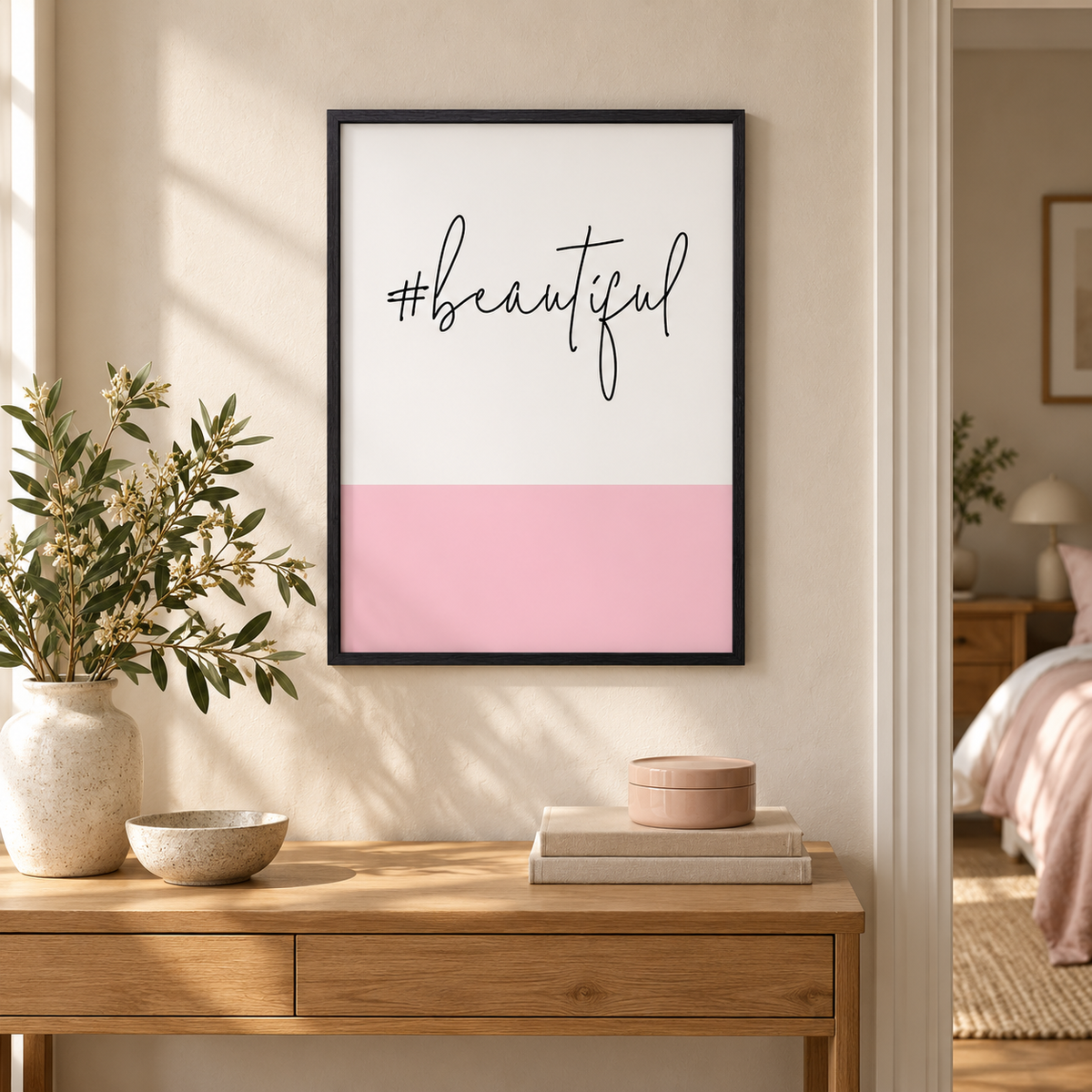 Hashtag Beautiful Print — wider room setting, black oak frame