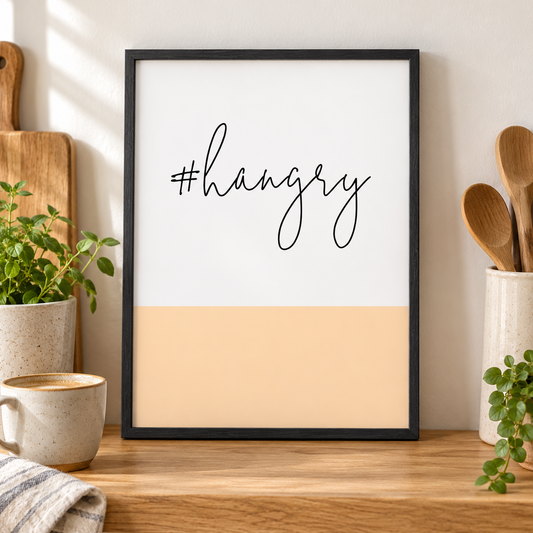 Hashtag Hangry Print — close lifestyle view, black oak frame