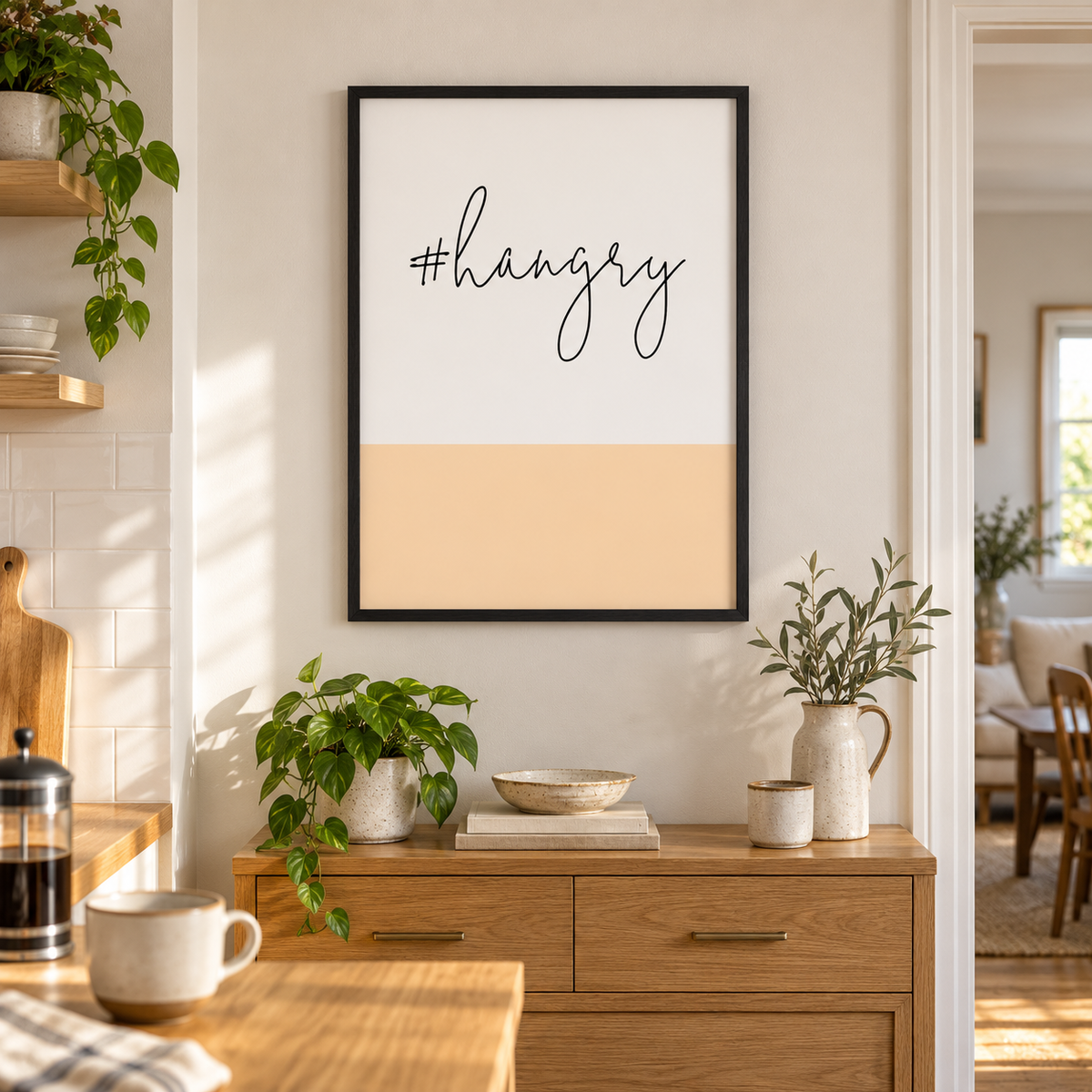 Hashtag Hangry Print — wider room setting, black oak frame