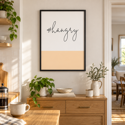 Hashtag Hangry Print — wider room setting, black oak frame