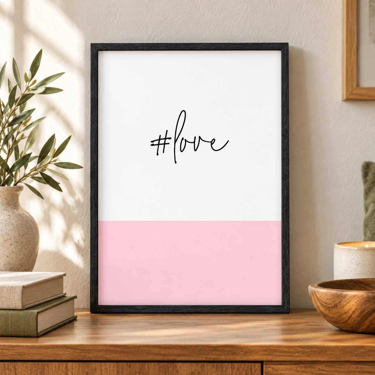 Hashtag Love Print — close lifestyle view, black oak frame