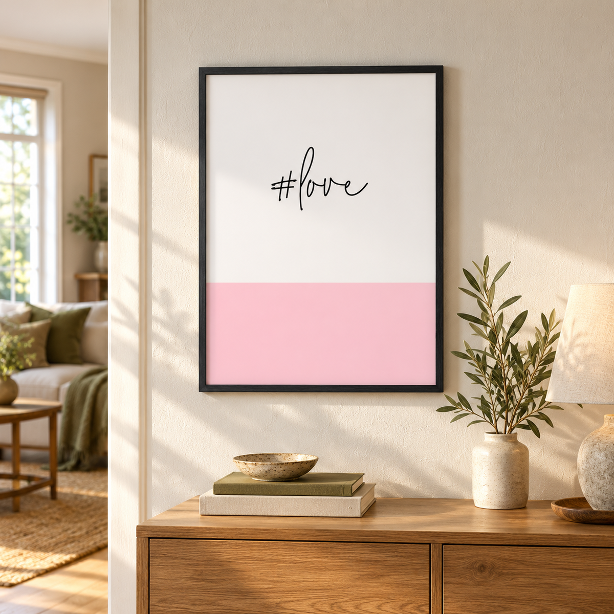 Hashtag Love Print — wider room setting, black oak frame