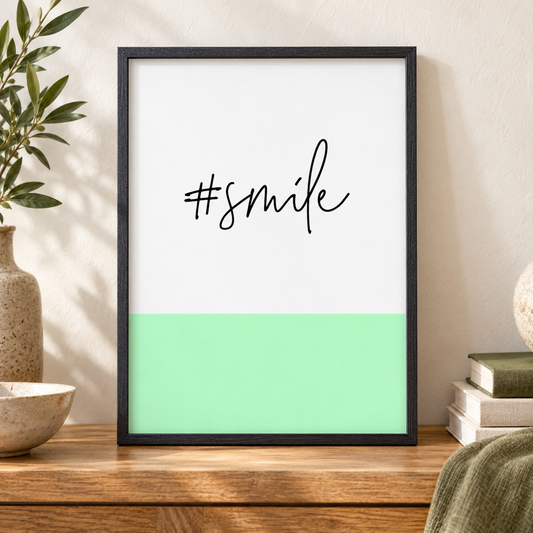 Hashtag Smile Print — close lifestyle view, black oak frame