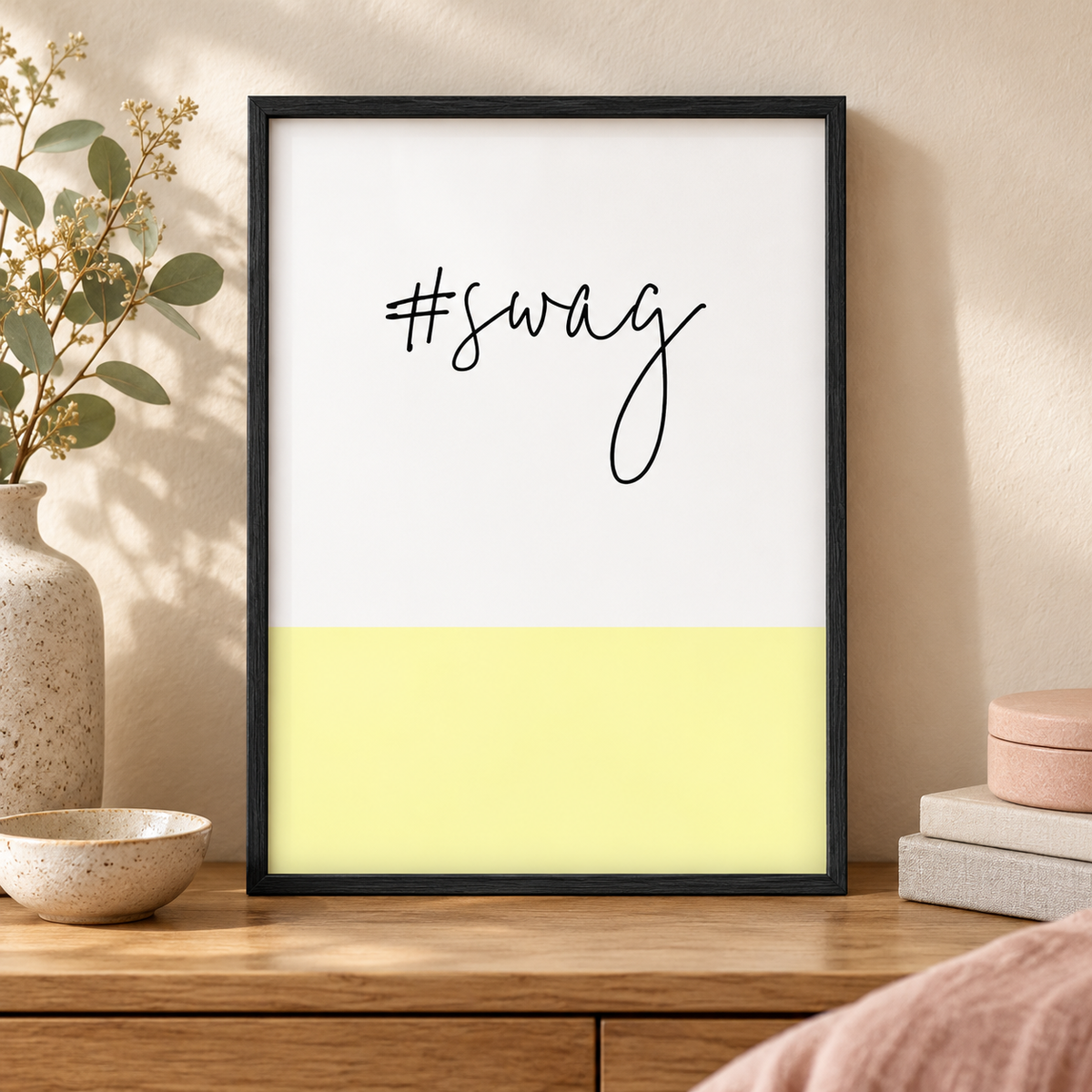 Hashtag Swag Print — close lifestyle view, black oak frame