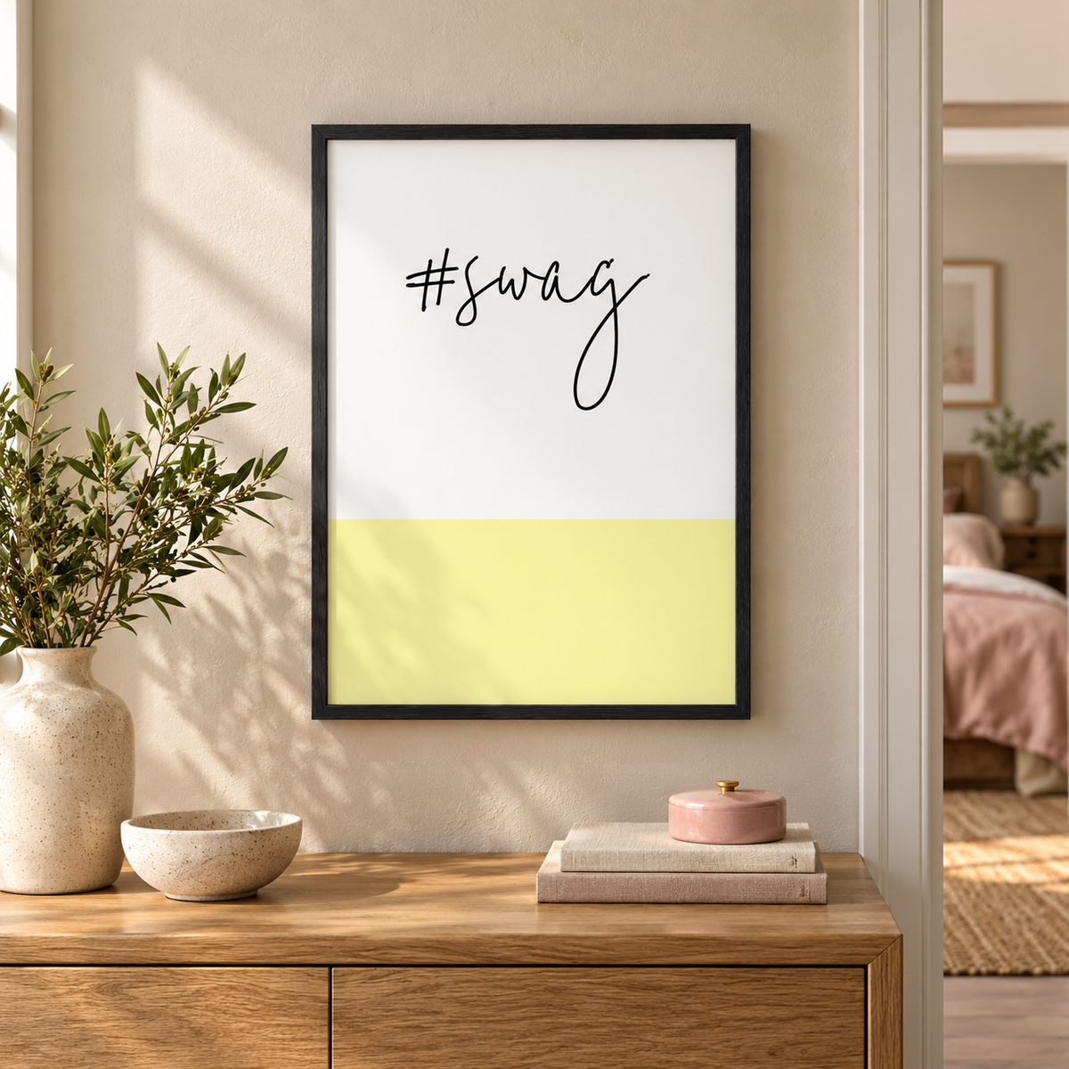 Hashtag Swag Print — wider room setting, black oak frame