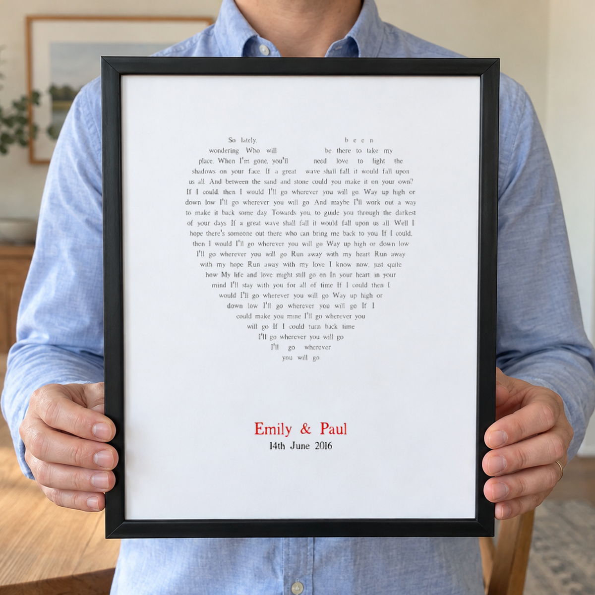 Personalized Heart Song Lyrics Print - close lifestyle view, held frame
