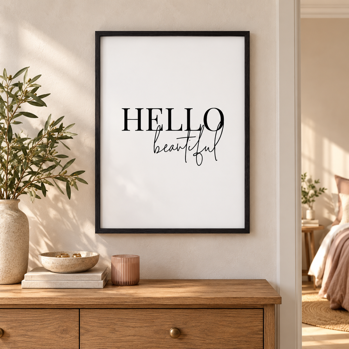 Hello Beautiful Print — wider room setting, black oak frame