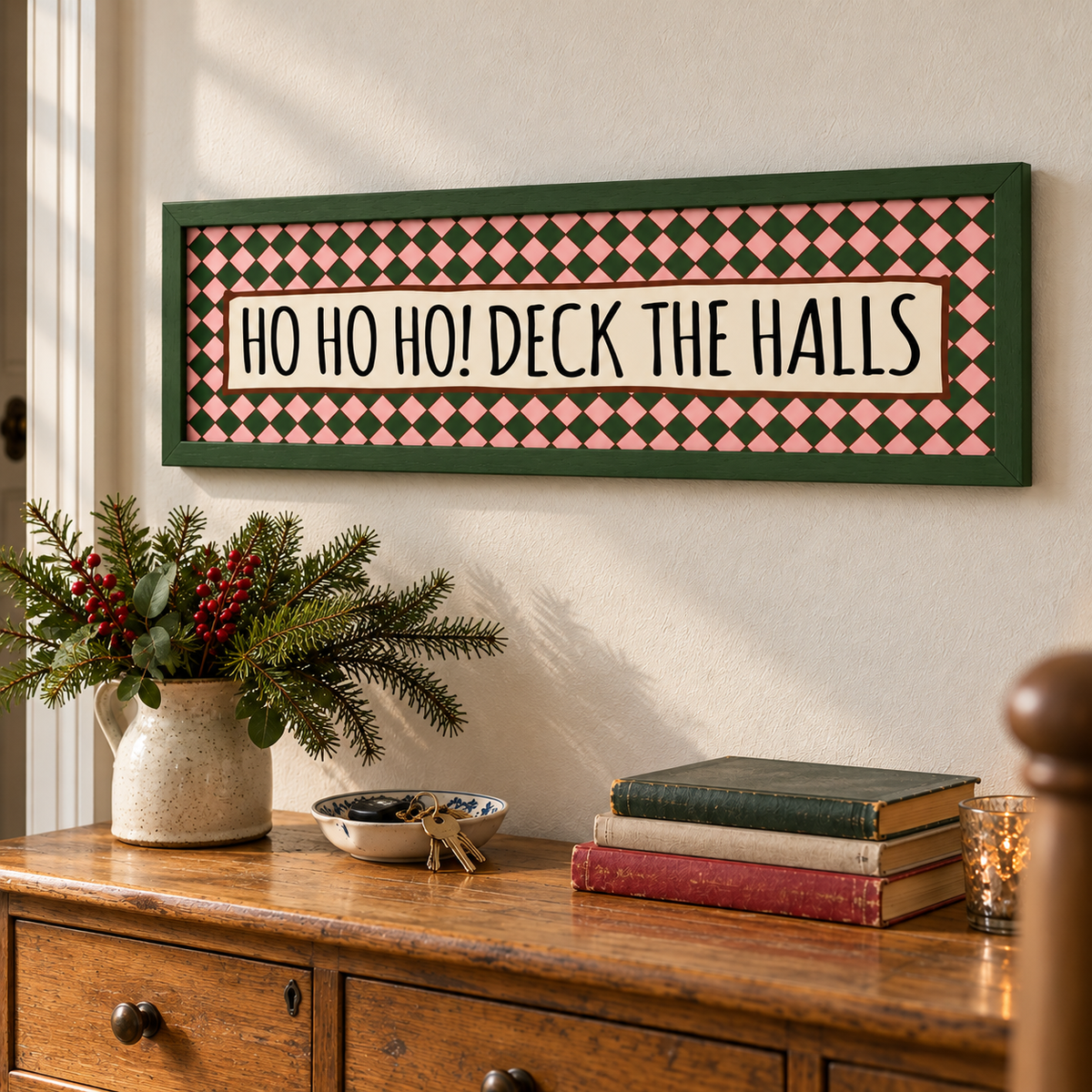 Ho Ho Ho! Deck The Halls Panoramic Print — lifestyle green 60x15