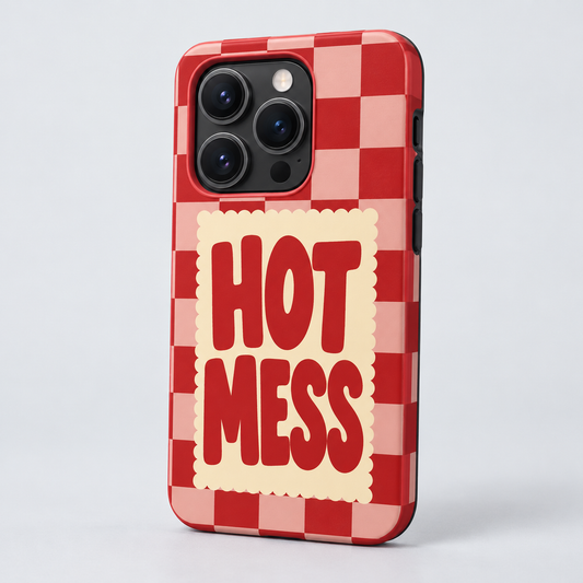Hot Mess Original Protective Case, matte, on iPhone 15 Pro. Digital product preview.
