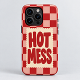 Hot Mess Original Protective Case, matte, rear view on iPhone 15 Pro. Digital product preview.