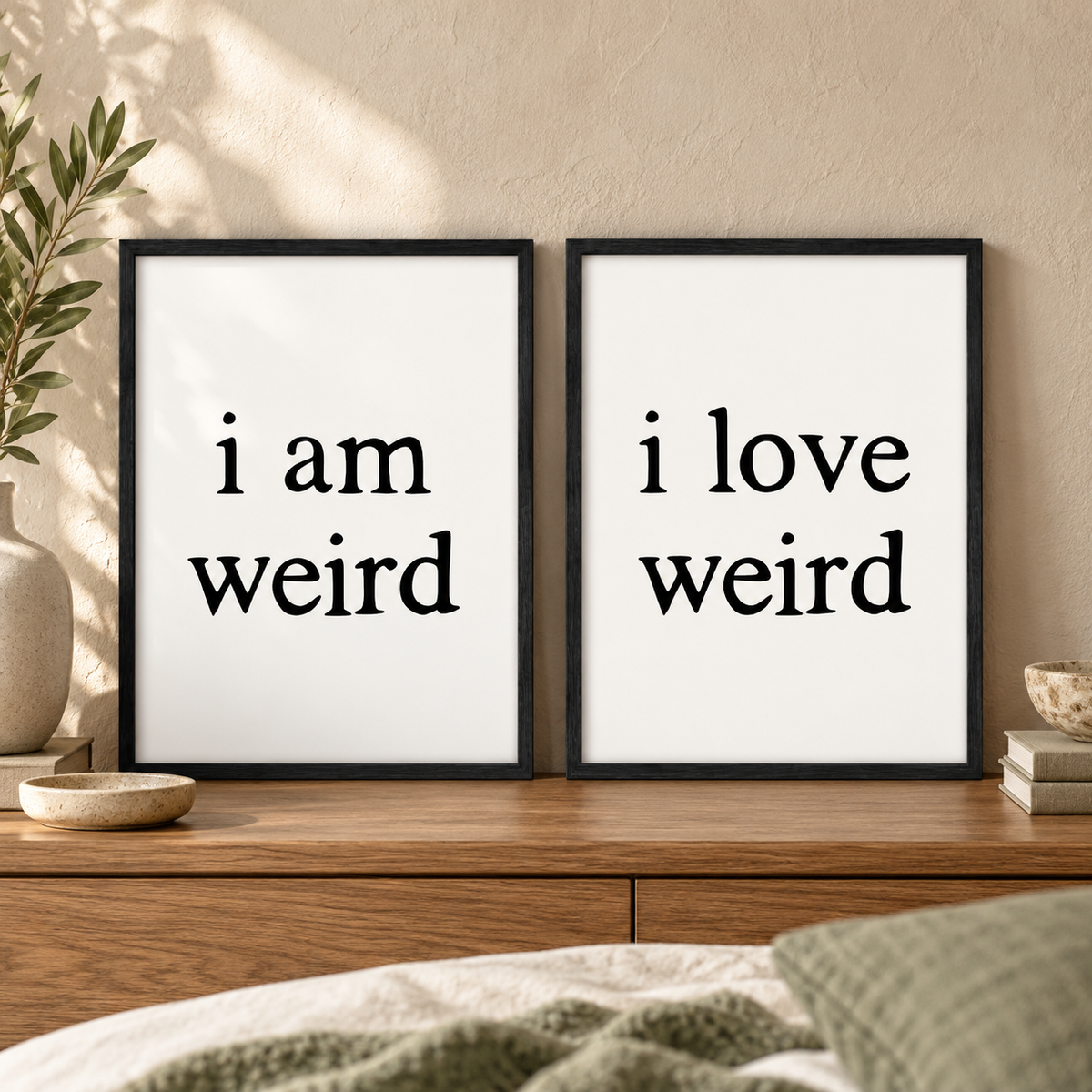 I Am Weird I Love Weird - Set Of 2 Prints — close lifestyle view, black oak frame
